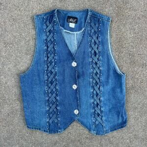 Vintage 90s MASS Paris New York Denim Lattice Bling Rhinestone Vest Cowgirl LG?